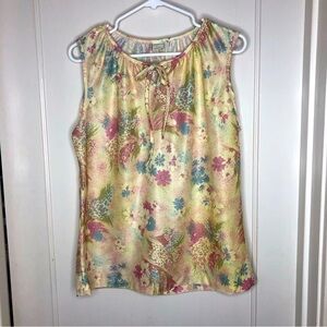 Vintage 70s floral blouse cream pink jewel gathered tie keyhole neckline M